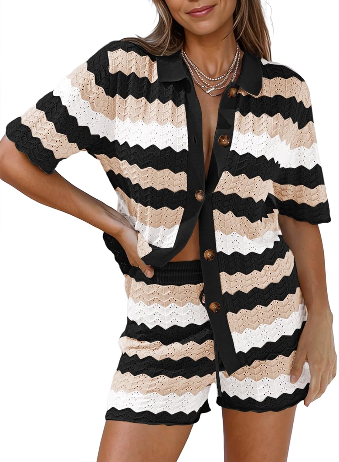 Pink Queen Women Knit Shorts Set 2 Piece Outfits Short Sleeve Button Down Sweater Top and Shorts Lounge Set