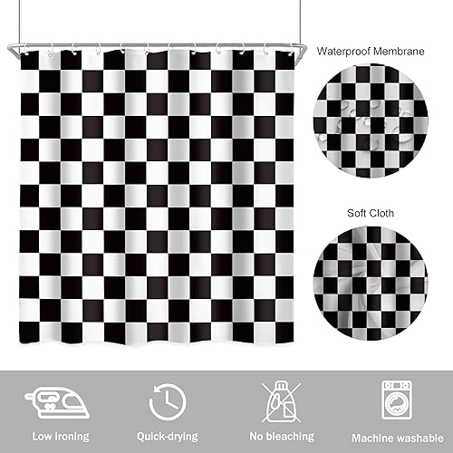 Miniatura 6 de Cortina de ducha a cuadros de 72 pulgadas de ancho x 72 pulgadas de largo, cortinas de ducha negras y blancas para baño, bonita cortina de ducha