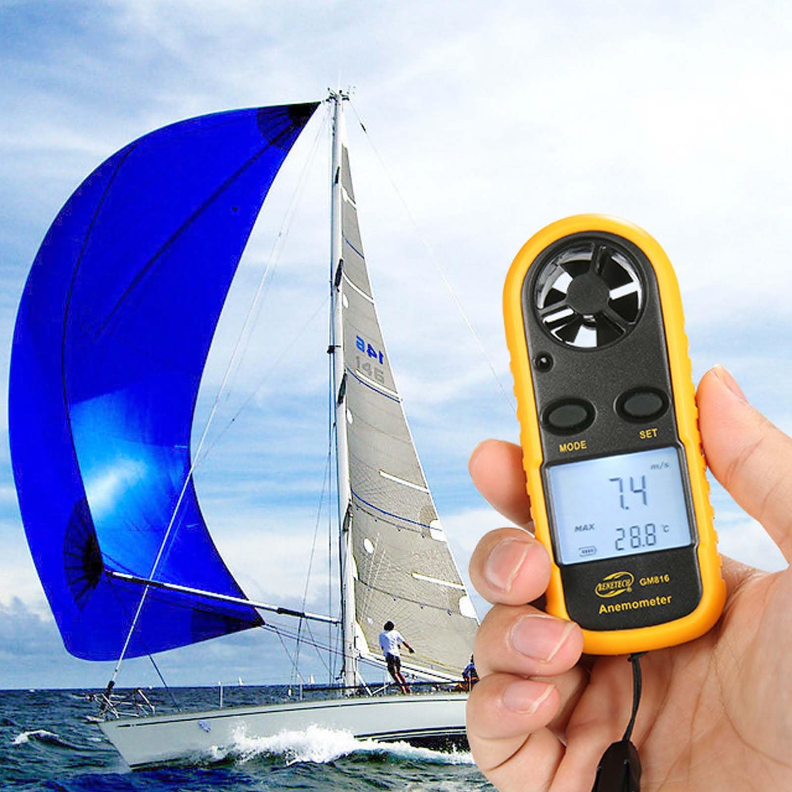 Anémomètre numérique portable pour mesurer la vitesse du vent/la température/le refroidissement éolien, pour drone, voile, surf, pêche