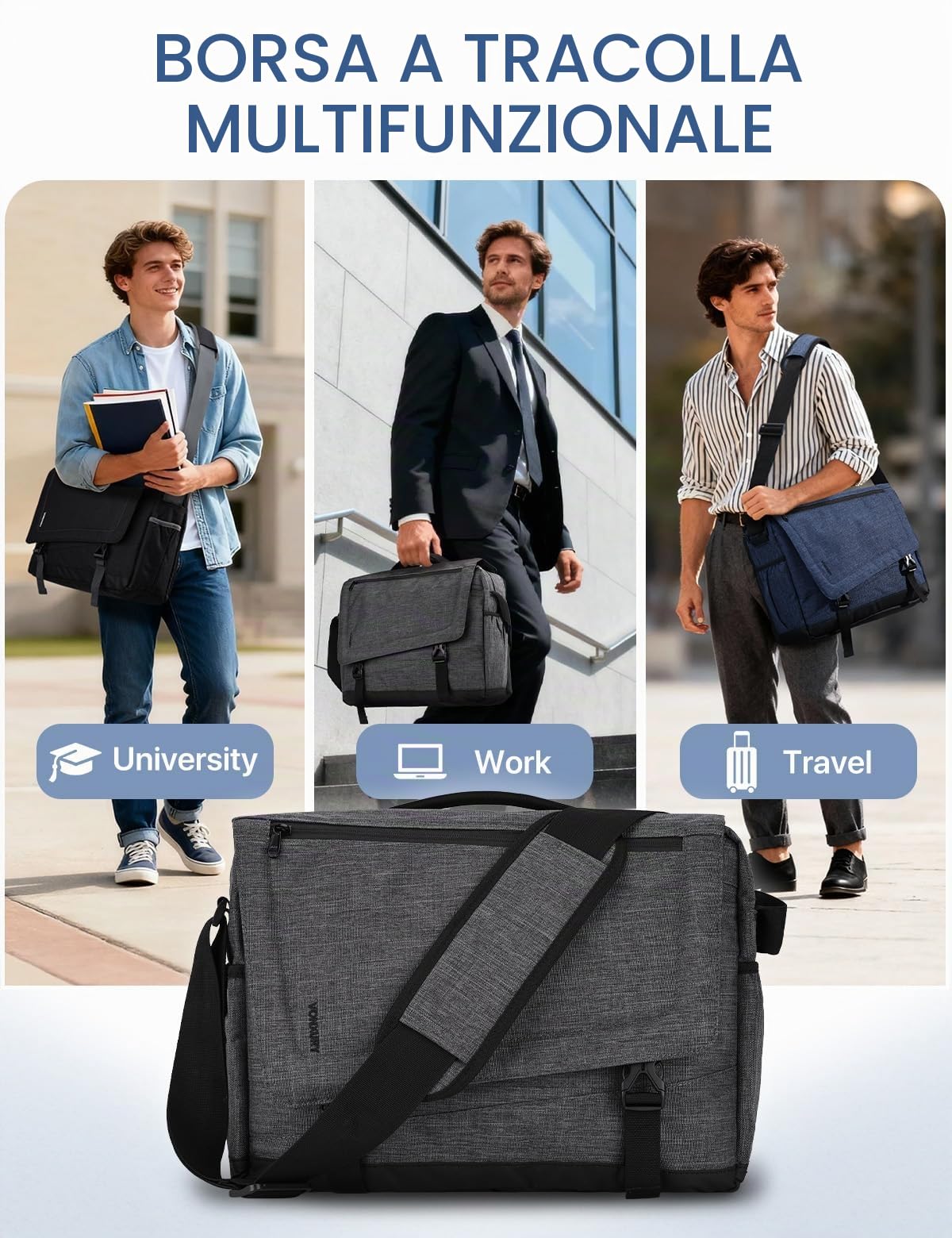 Borsa a tracolla da uomo, VONXURY leggera resistente all'acqua Borsa per laptop da 15,6 pollici Borsa a tracolla per ufficio scolastico