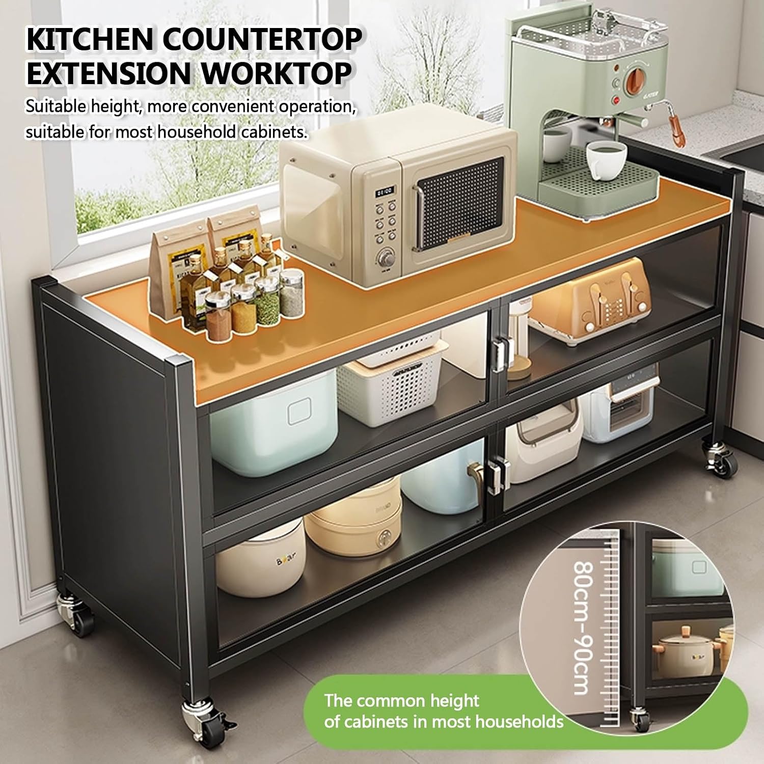 Modern Kitchen Pantry Storage Cabinet with Wheels, Farmhouse Kitchen Hutch Cabinet, Kitchen Hutch with Microwave Stand, Sideboard with Glass Door, for Kitchen,Dining Room,Living Room.(60cm)