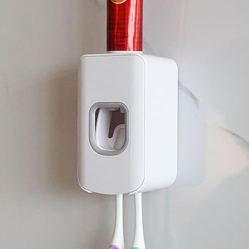 Soporte para cepillos de dientes con 2 ranuras y dispensador de pasta de dientes montado en la pared, exprimidor automático de pasta de dientes, 2