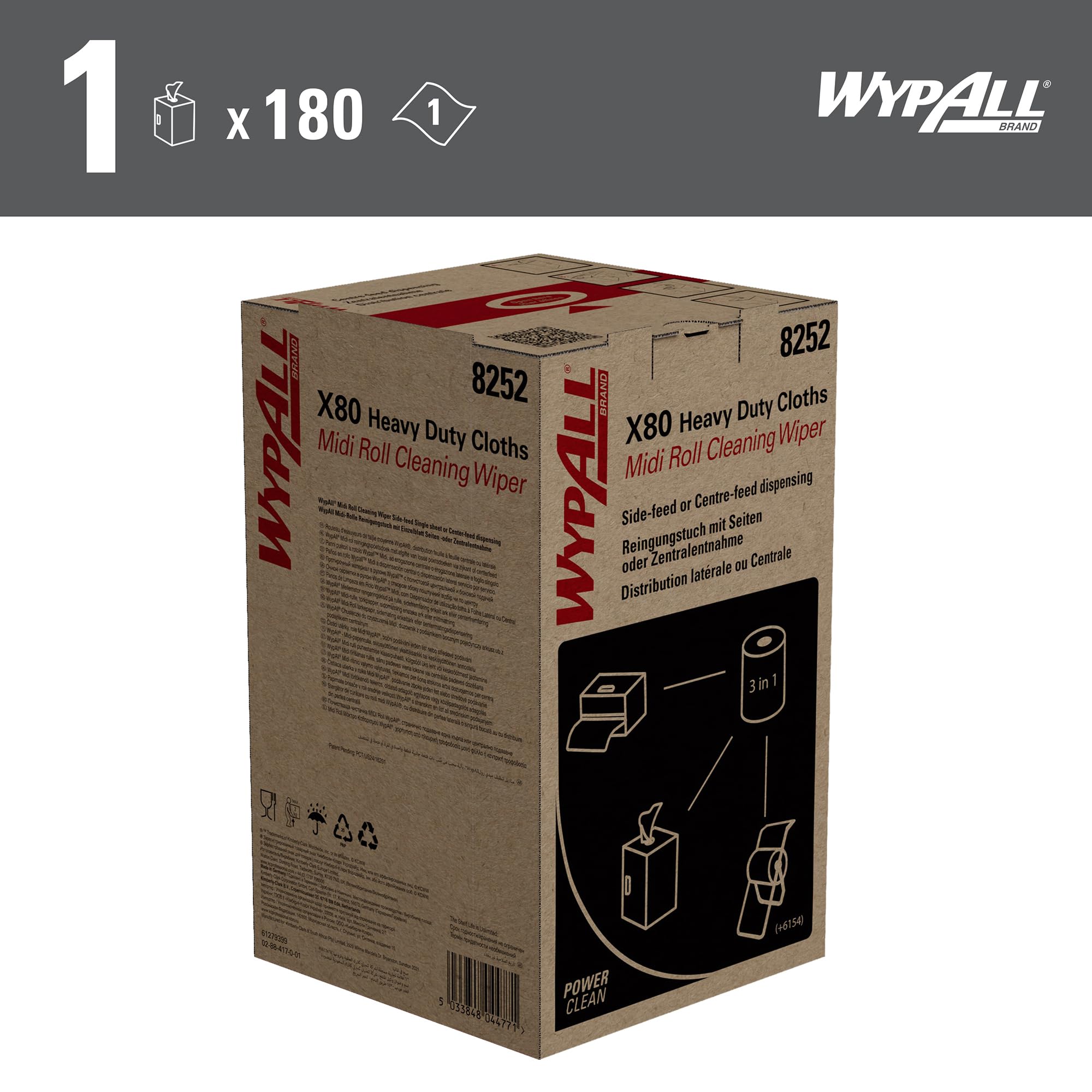 WypAll X80 Power Clean Reinigungstücher 8252, weiße Wischtücher für schwere Reinigungsaufgaben, 2-in-1 Midi-Rollenreinigungssystem, 1 Rolle x 180 Wischtücher