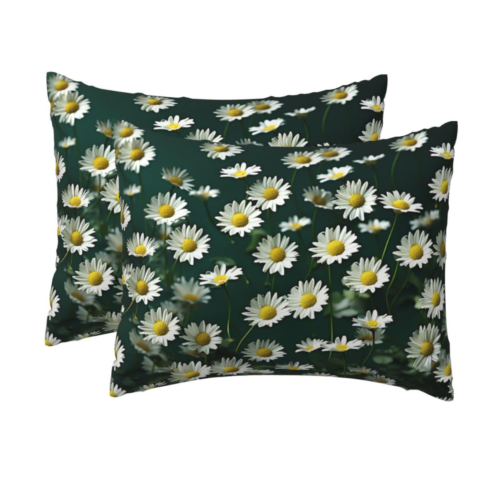 2 Pack Standard Size Pillow Cases for Hair and Skin Soft Breathable Pillow Case Covers with Hidden Zipper Green Daisy Background Pillowcase 20x26 Inches Pillow Cover for Sleeping Gift