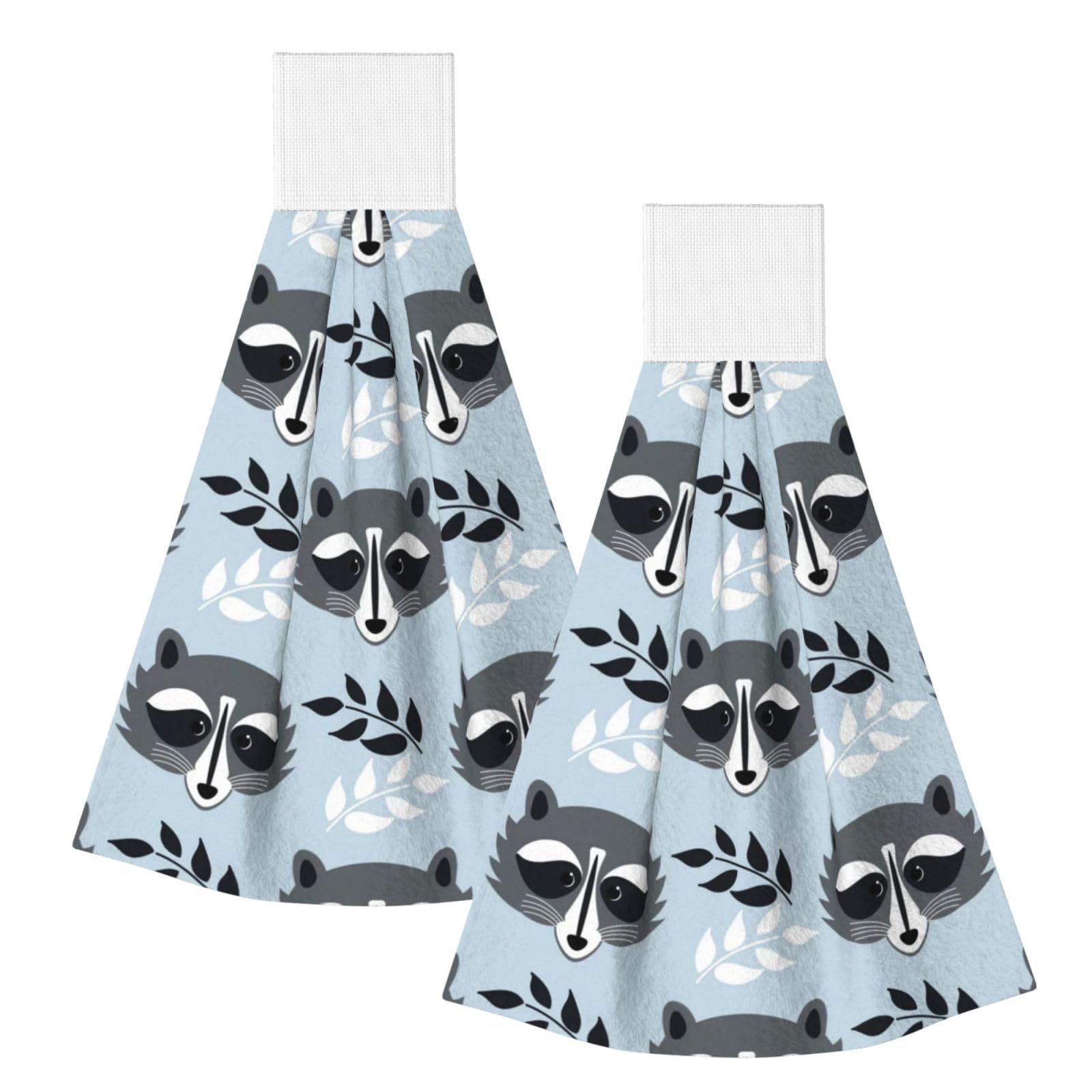 DOPKLNA Cute Raccoon Pattern, 2 Pcs Hanging Coral Fiber Hand Towels for Bathroom, Absorbent Kitchen Towels