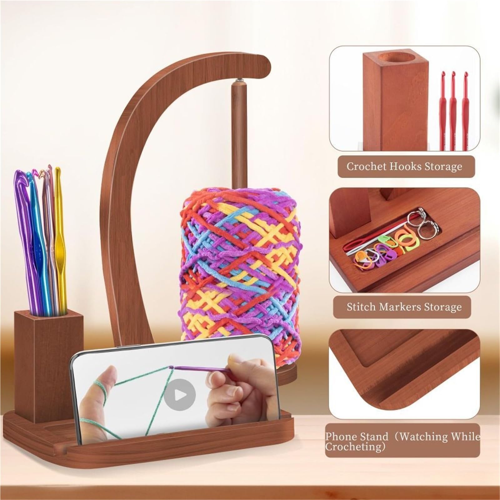 Soporte de hilo madera for ganchillo con caja, estante almacenamiento bolas rotación magnética, enrollador multifuncional para Hilo(Wood color)