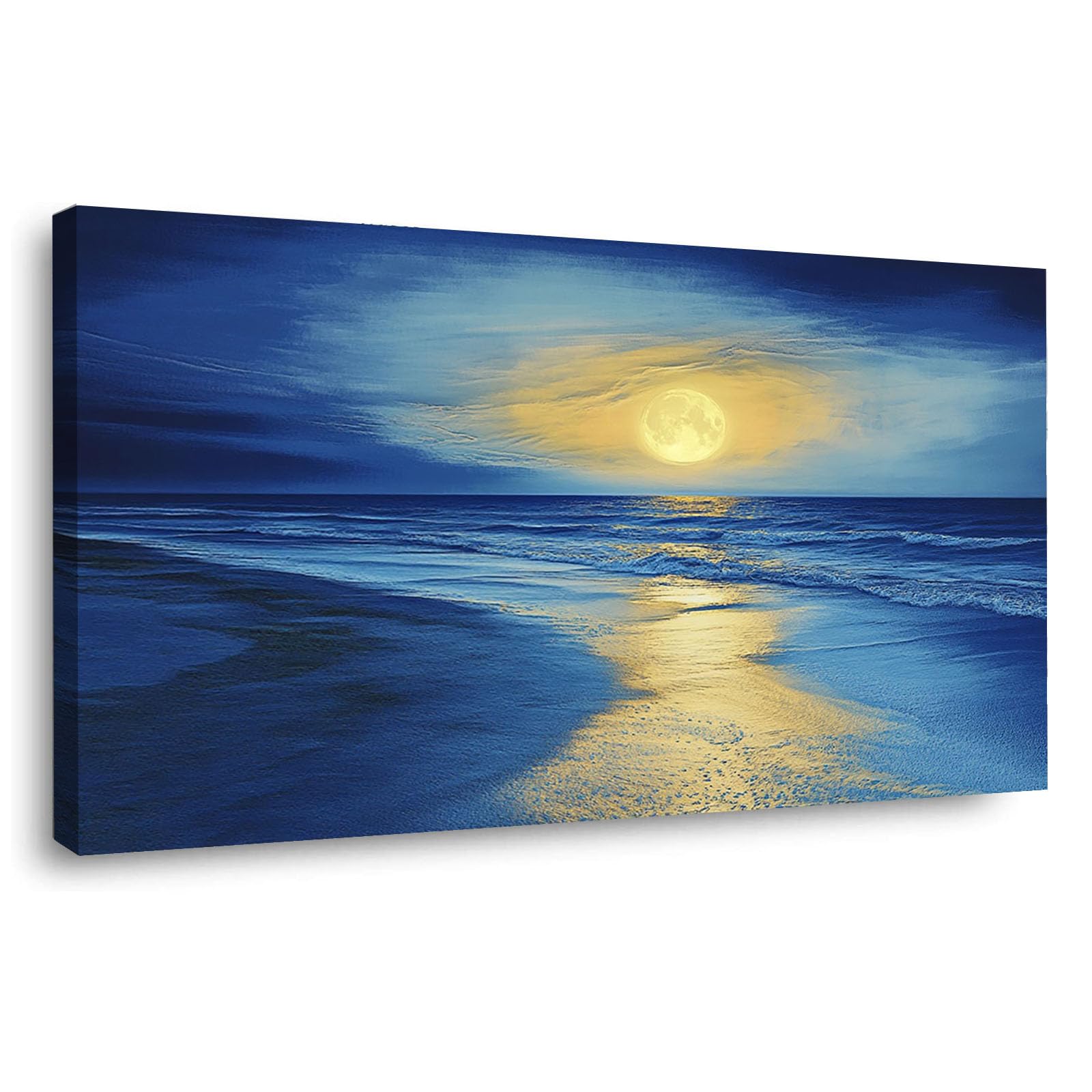 WIKEO Beach Pictures on Canvas Wall Art Beach Scenery At Night Modern Prints Seaview Landscape Artwork - for Living Room Bedroom Home Office Wall Decoration(Blue 2)-20x40cm Framed