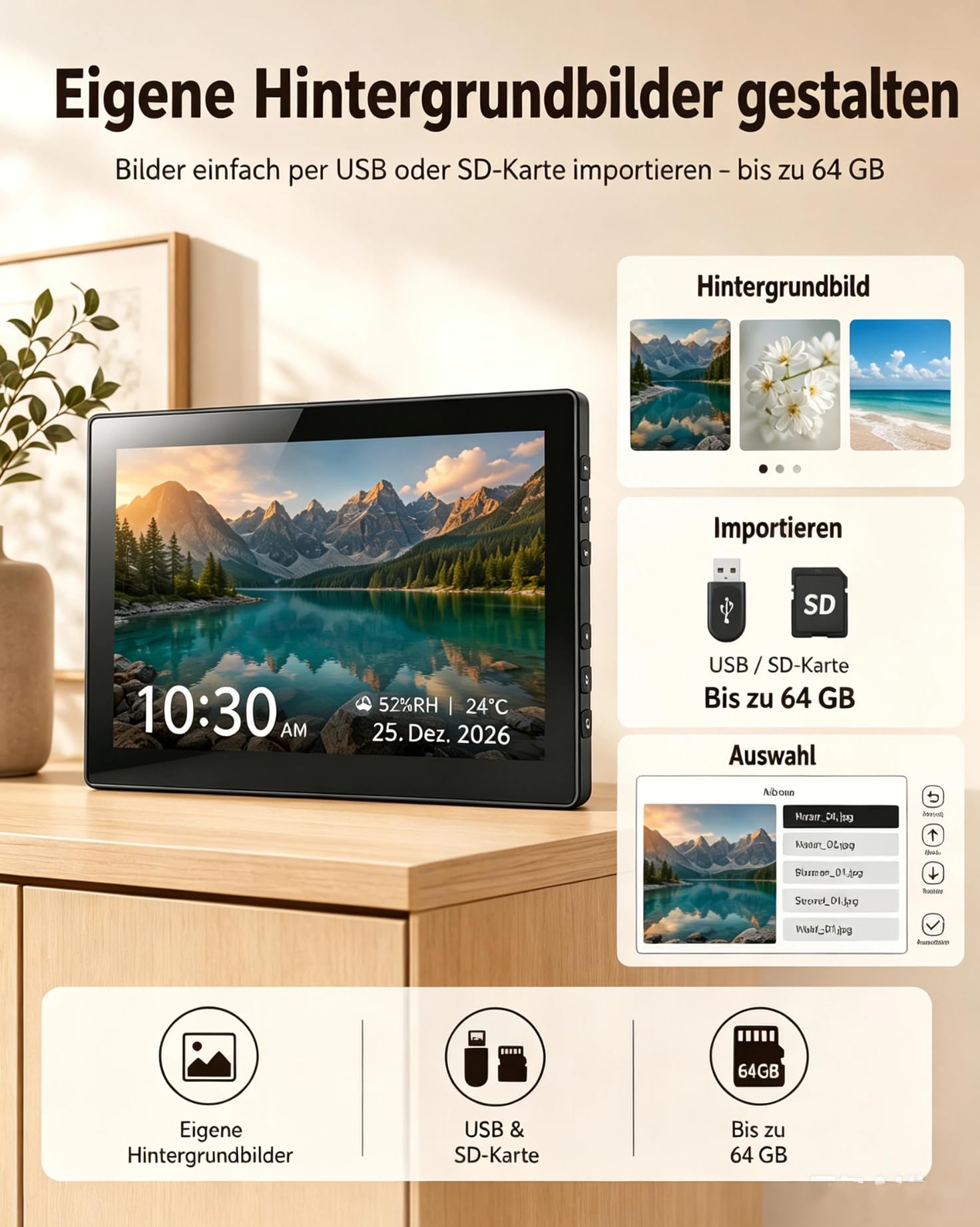 Roxicosly 10.1' Digitaler Kalender, Digital Uhr mit 20 Alarmen & Erinnerungen, 12 Themen, 12/24HTemperatur & Luftfeuchtigkeit, Dimmbar & 6 Sprachen, USB & SD, Wecker Digital für Senioren
