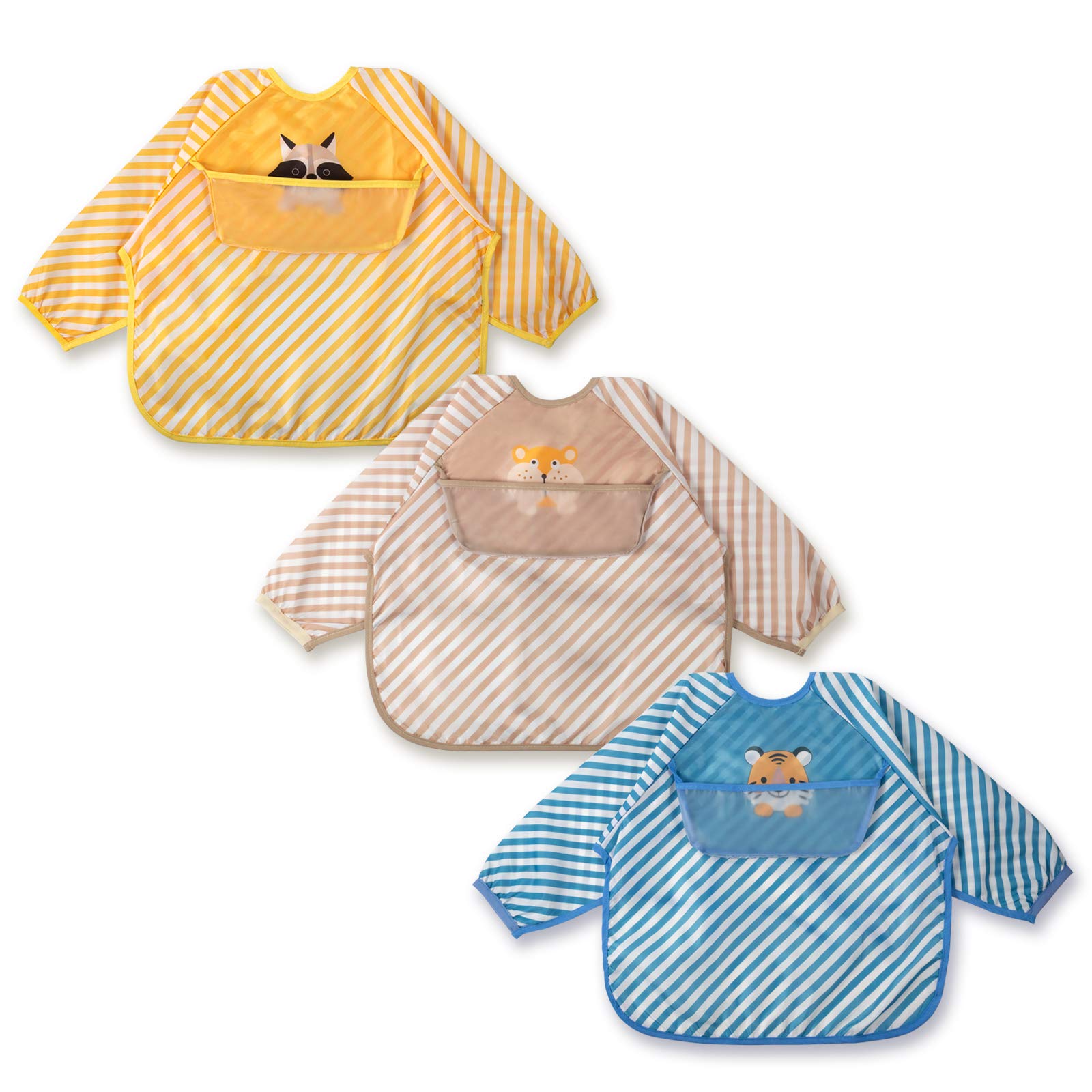 Hiverst 3 Pcs Long Sleeved Bib Set | Baby Waterproof Bibs with Pocket |Toddler Bib with Sleeves