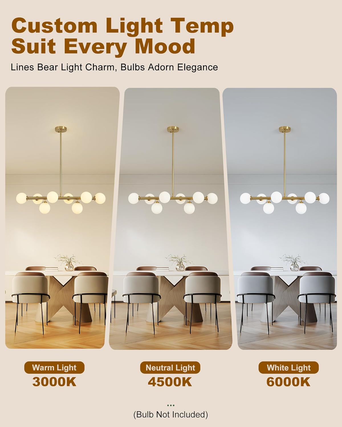 Glass Globe Sputnik Chandelier, 8-Light Mid Century Modern Chandeliers, Dining Room Chandelier Over Table with Milk White Glass, 33" Linear Chandeliers for Dining Room, Kitchen Island-Gold