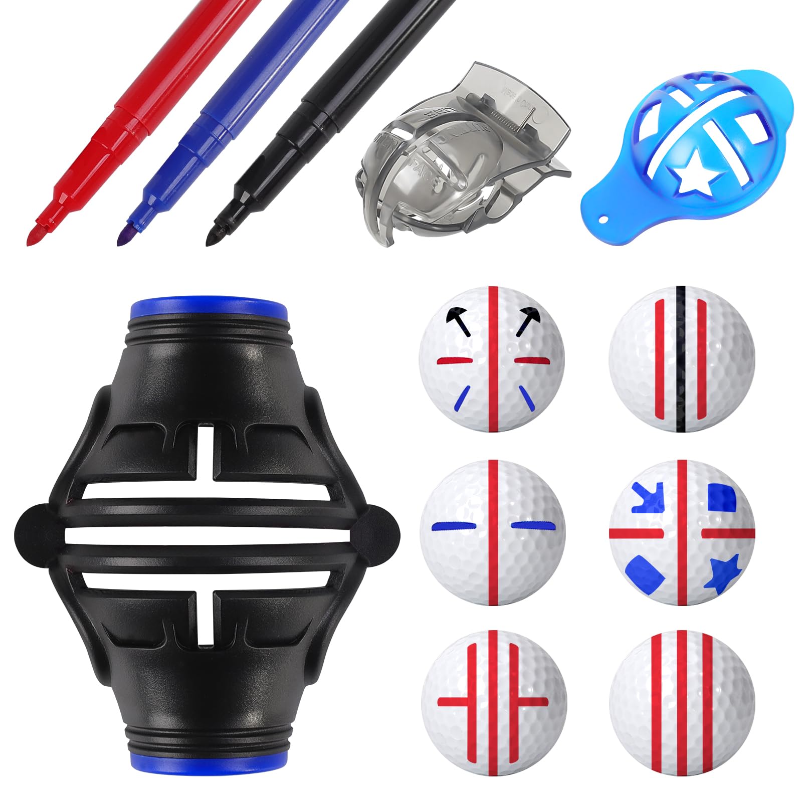 6 Pack Golf Ball Marker, 360° Marker Stencil, 2× Ball Markers Stencils, 3× Color Line Markers Pens, Triple Track Plastic Golf Ball Line Marking Alignment Tool Kit