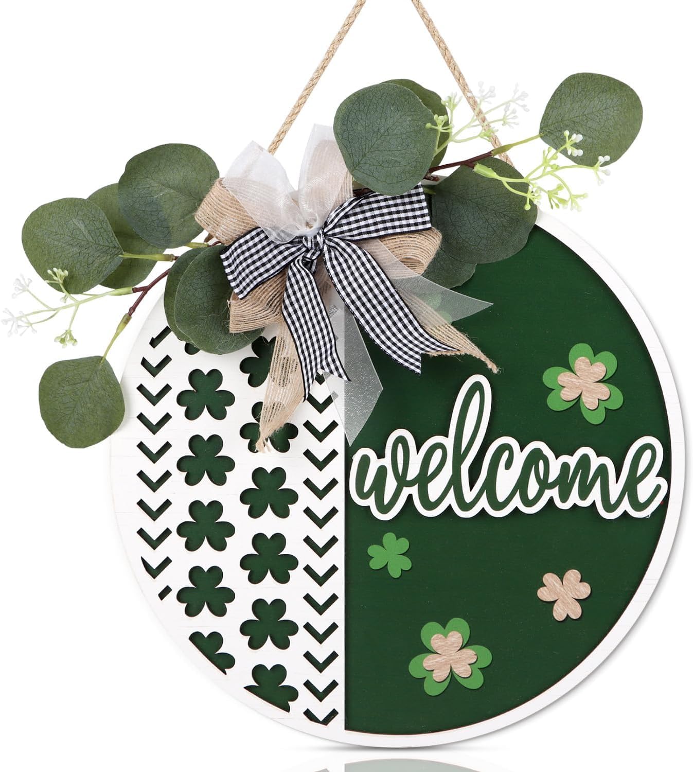 ANHUIB St. Patrick's Day Welcome Sign Door Wreath Rustic Saint Patrick’s Wall Hanging Decor Scandinavian Irish Shamrock Clover Wall Art Welcome Wooden Sign Decor for Irish Party Home Front Porch Door