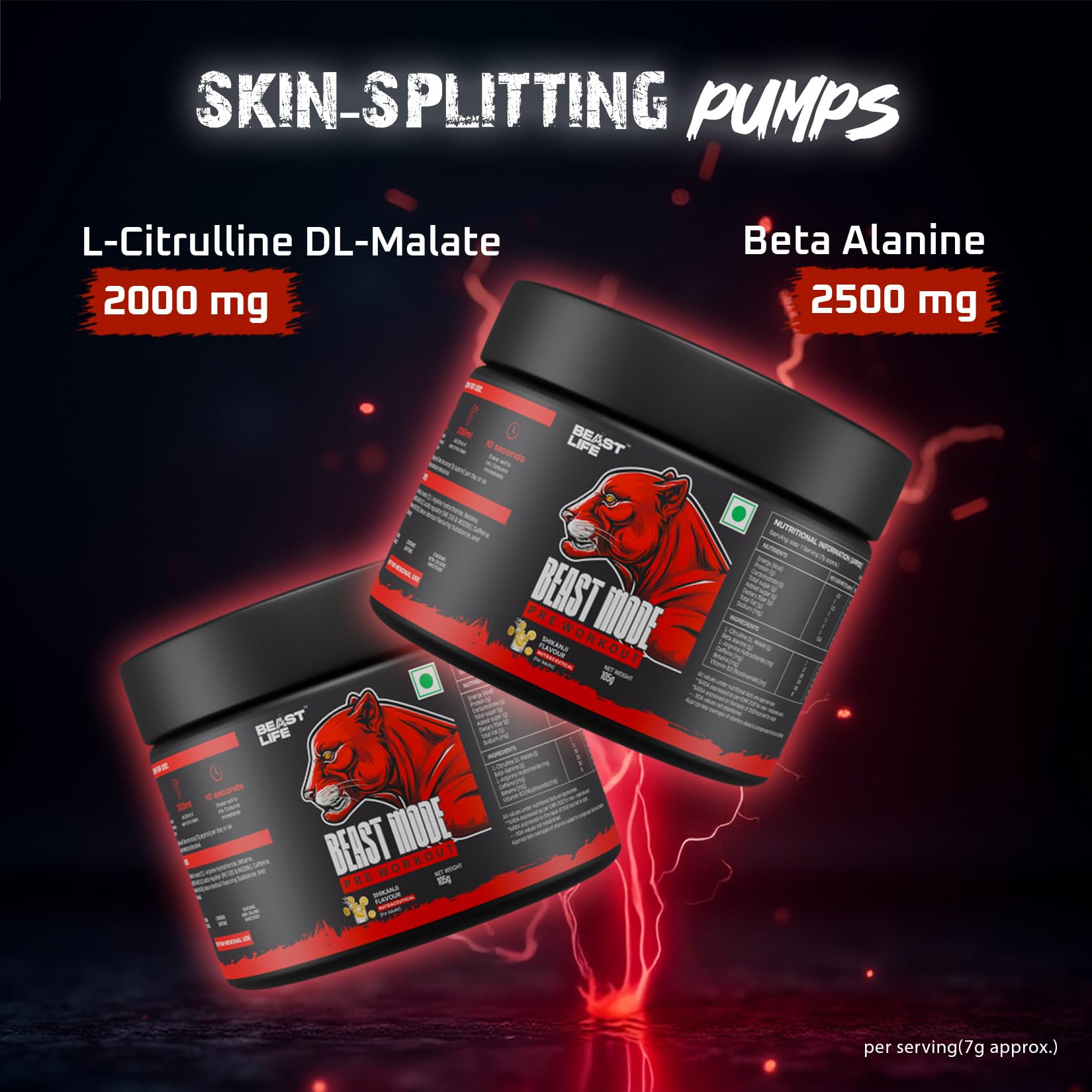 Beastlife Pre-Workout | 105 gm | Shikanji Flavor | Boosts Pump & Energy | Speeds Up Recovery | 2000 mg Citrulline | 2500 mg Beta-Alanine | 200 mg Caffeine | 500 mg Betaine 3