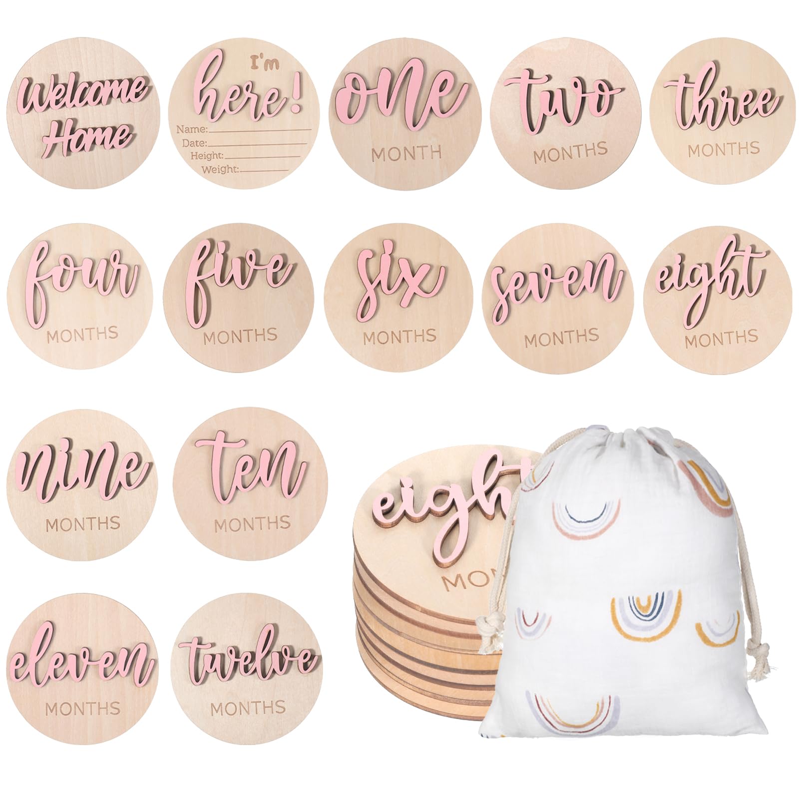 7 Pack 3D Baby Monthly Milestone Card Signs Pink Baby Months Cards Milestone Wooden Circles Double Sided Newborn Announcement Markers Disc for Welcome Newborn Photo Props