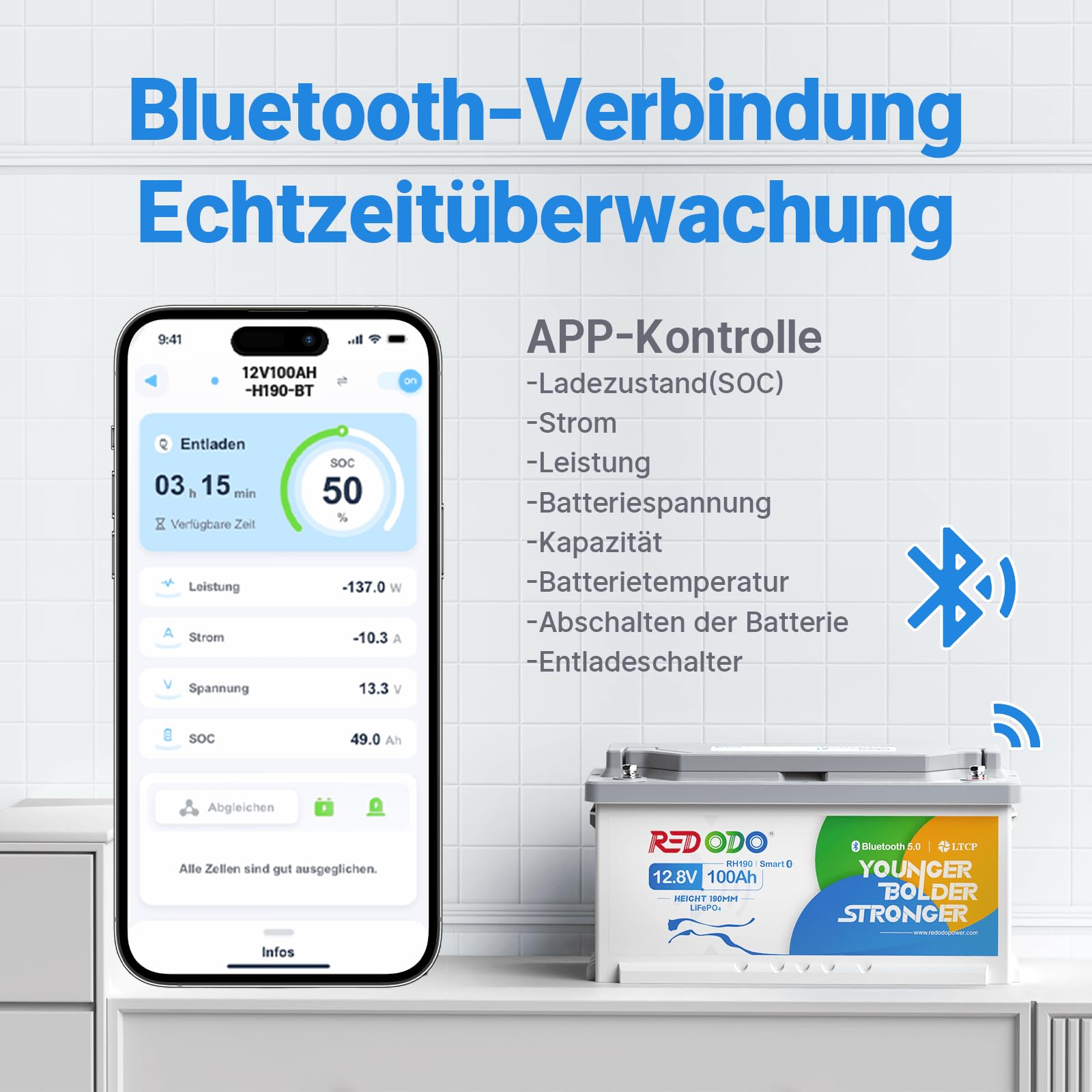 Redodo 12 V 100 Ah Bluetooth LiFePO4 bateria z ładowarką 12 V 10 A Lifepo4, akumulator litowy o niskim cyklu 1280 Wh, z inteligentnym BMS, idealny akumulator ołowiowy do kampera, RV