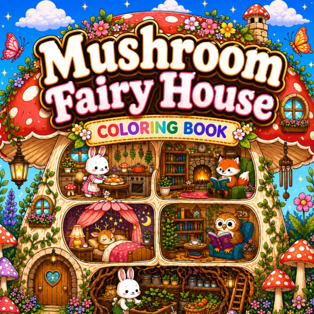 Mushroom Fairy House Coloring Book for Adults and Teens: Cozy Fantasy Mushroom Homes, Cute Woodland Animals, Magical Cottage Scenes, Relaxing Whimsical Coloring Pages