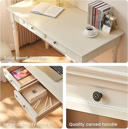Miniatura 4 de Escritorios blancos de estilo rústico francés con cajones, mesa de computadora de madera maciza de 35 pulgadas para oficina en casa, sala de estar,
