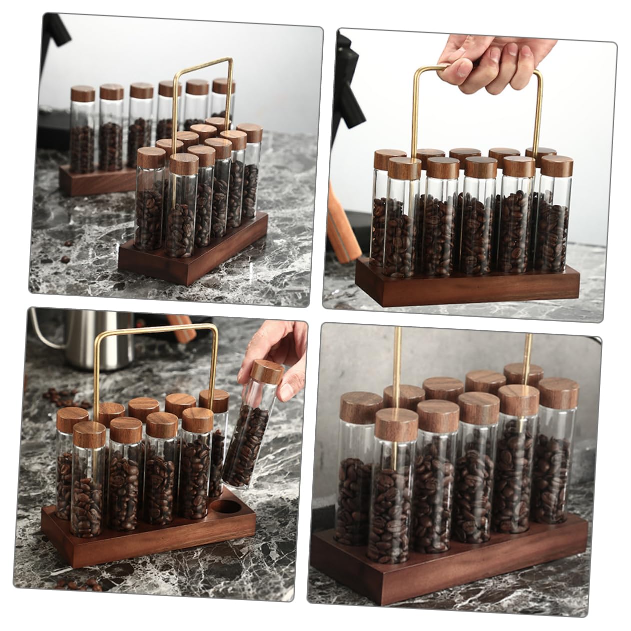 Kaffeebohnen Behälter mit Luftdichten Röhren und Walnuss Holzständer Wiederverwendbar Stilvoll für Kaffee Gewürze Kräuter und Küchenlagerung