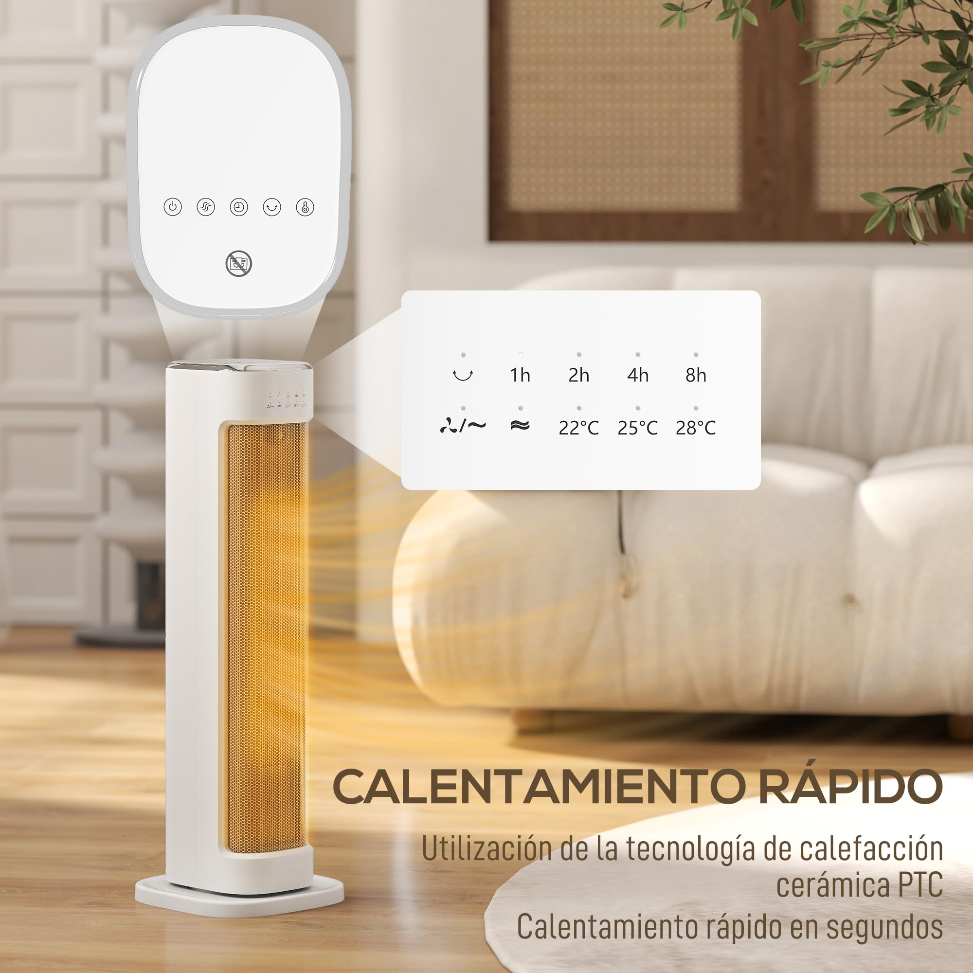 HOMCOM Calefactor Eléctrico Bajo Consumo 2000W PTC Termoventilador Blanco | 3 Modos, Termostato Regulable, Temporizador, Protección contra Vuelcos y Sobrecalentamiento, Control Remoto para 15-20㎡