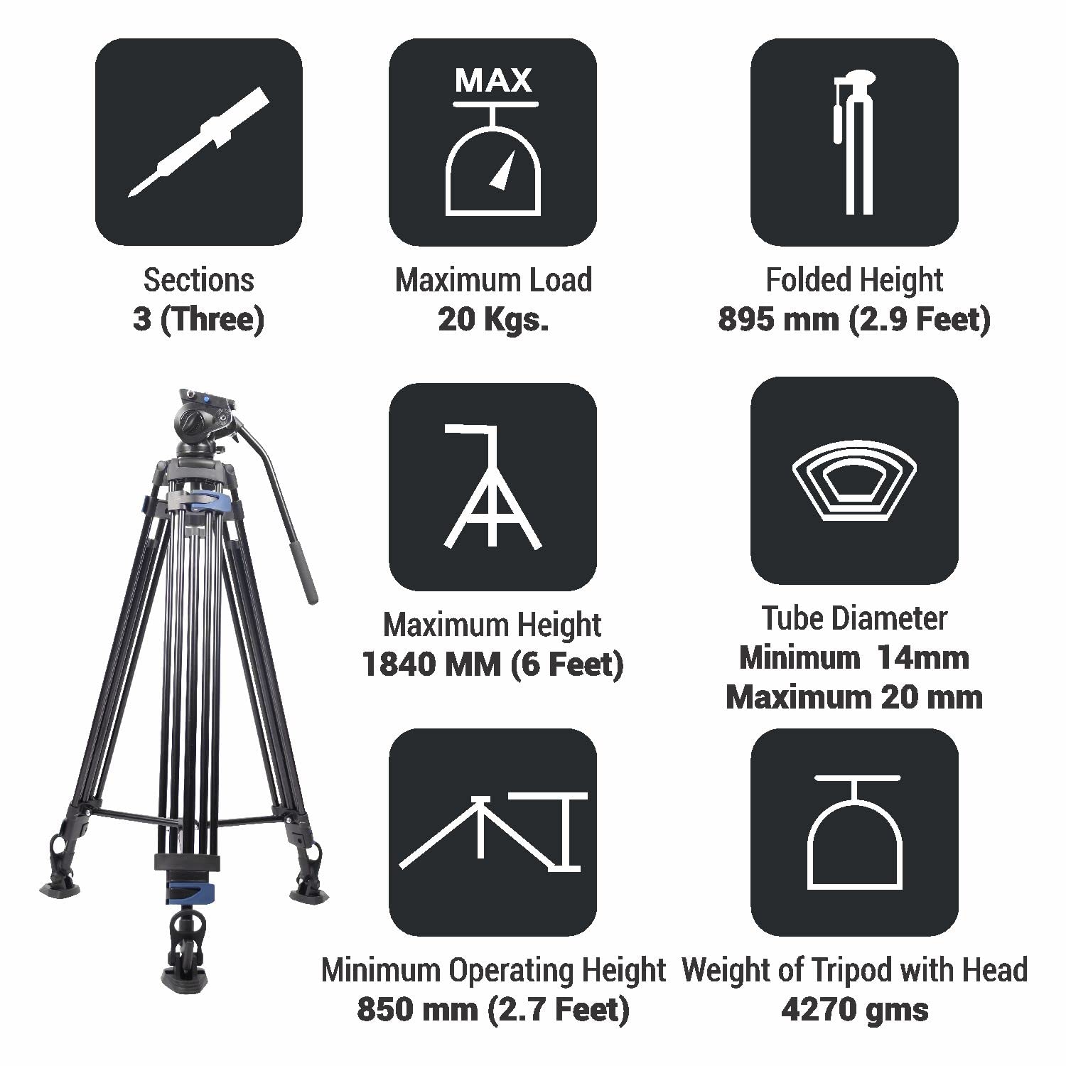 Digitek DPTR-7060VD 184cm Platinum Heavy Duty Video Tripod, 20kg Max Load, 3-Section Adjustable Aluminum Rod, Non-Slip Foot Pads, Compatible with Camcorder, Camera & Smartphone — Amazon image 4