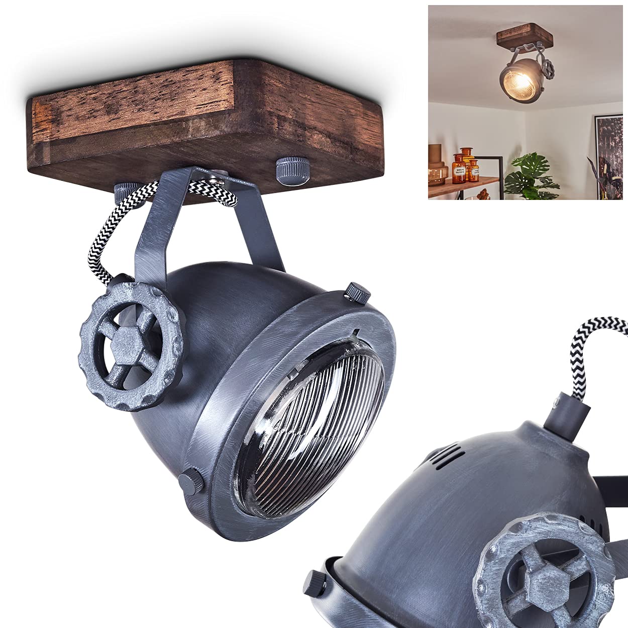 Hofstein Dark Wood, Grey Ceiling Lamp Herford, 1-Flame Room Lamp In Metal And Wood In Brown And Grey With Glass Lampshade, Spot Can Be Turned And Swivelled, 1 X Gu10, Without Bulb