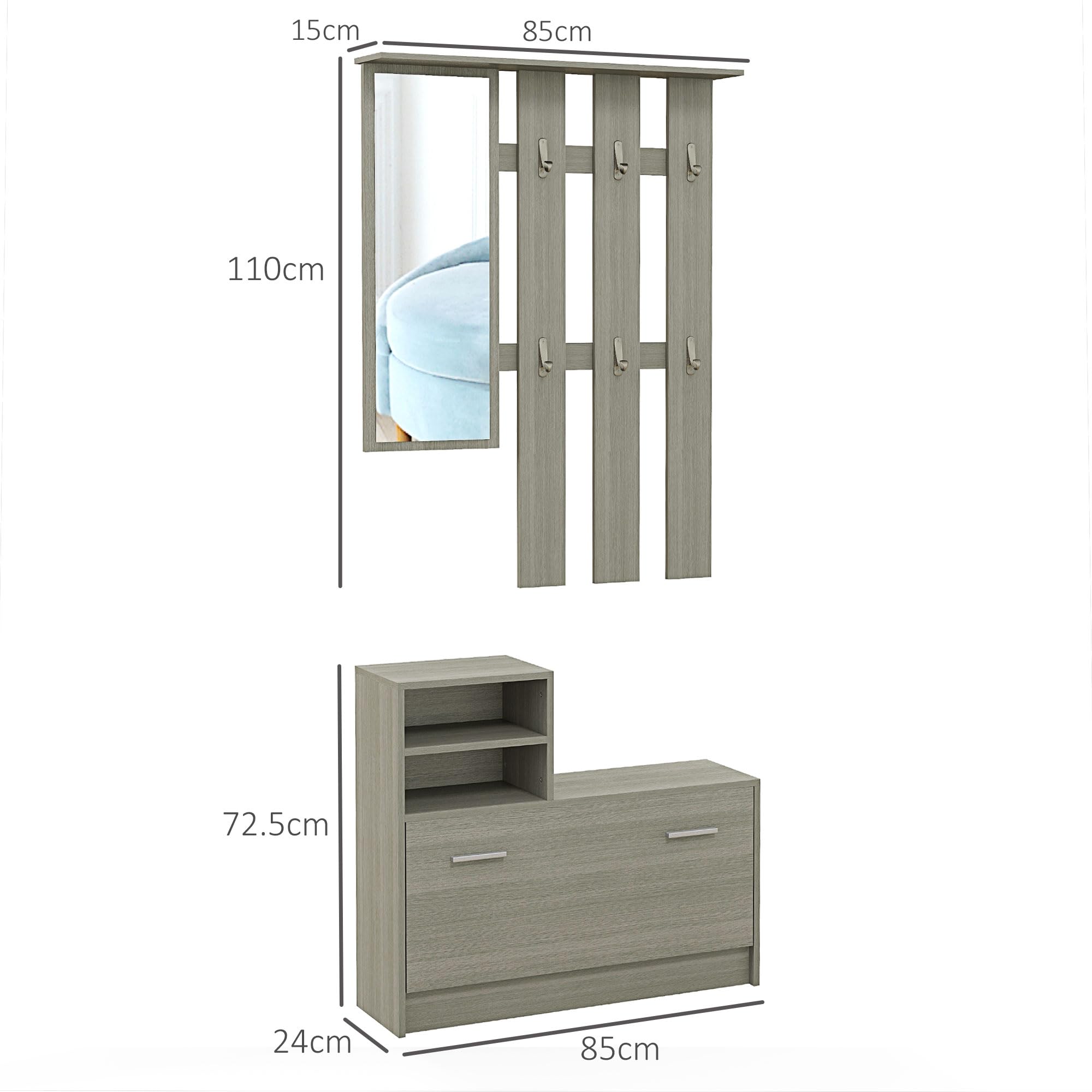 HOMCOM Set 4 in 1 Mobili da Ingresso con Appendiabiti, Specchio, Panca con Scaffale e Scarpiera per 8 Paia di Scarpe, Grigio
