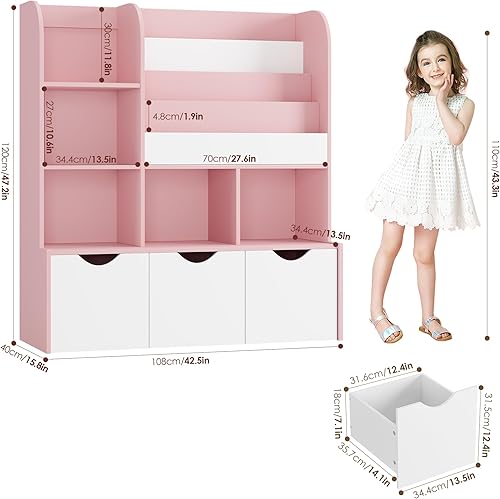 Miniatura 2 de FOTOSOK Estantería y estantería para niños de 47 pulgadas, estantería multifuncional con 5 cubos de almacenamiento y 3 cajones móviles, soporte de