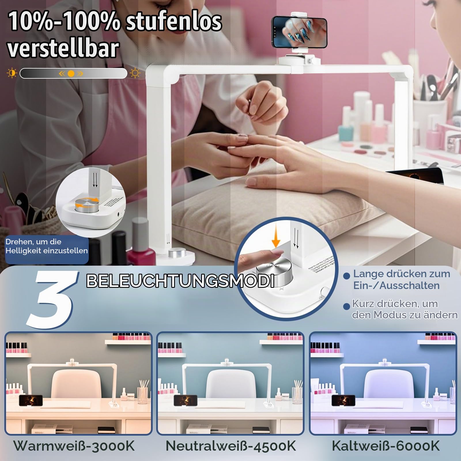CGBE 34 Zoll Nageltisch Lampe Faltbare Flimmerfrei für Nageltechniker | 40W Dimmbare Halbmond Lampe mit Handyhalter - 456 LED-Perlen - 3 Farbmodi 10 Helligkeiten für Maniküre Tattoo Basteln - Weiß