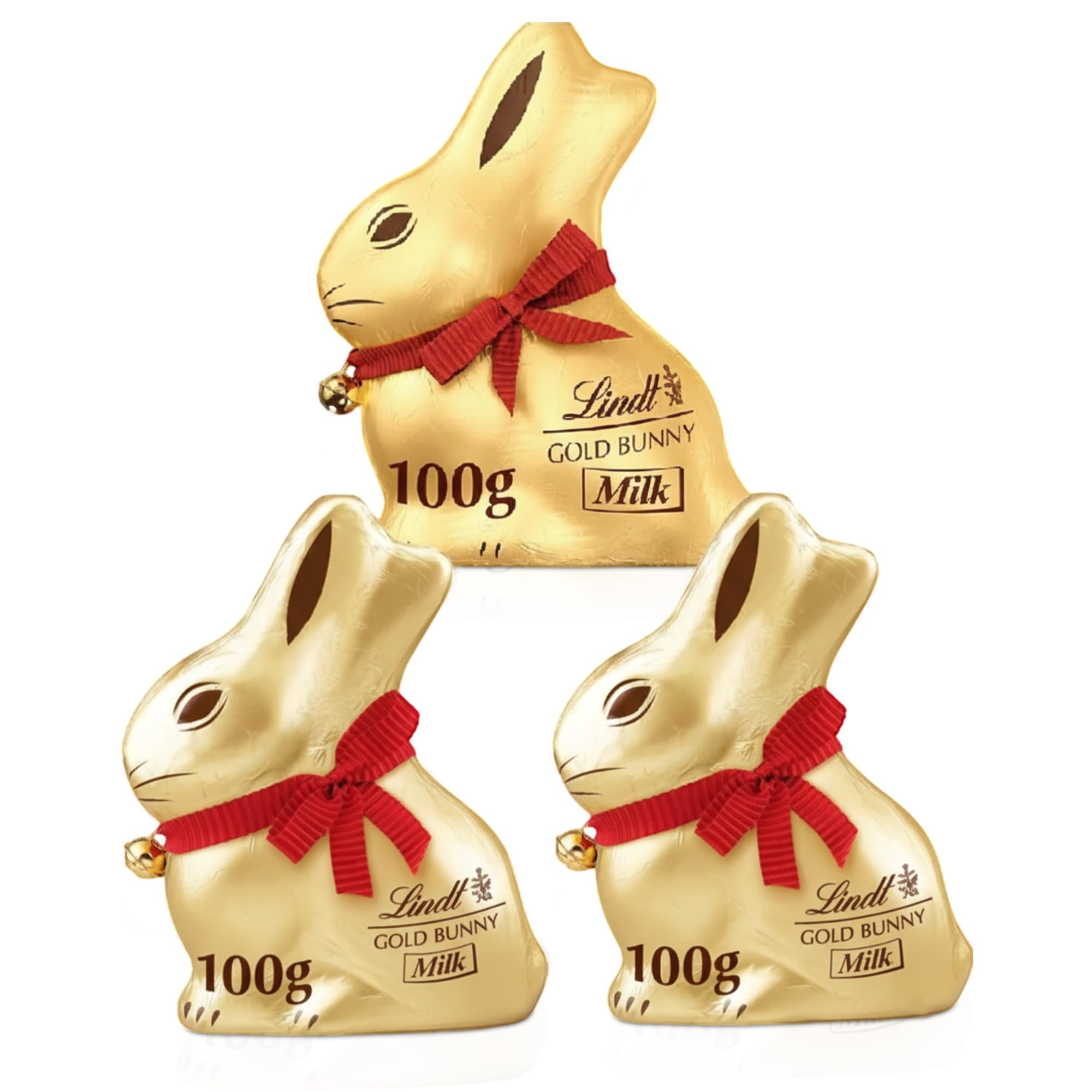 Lindt Chocolate Easter Bunny Bulk - Pack of 3 x 100g Milk Chocolate Bunny Wrapped in Gold Foil. Great Chocolate Gift for Easter Gifts, Egg Hunt for Kids.