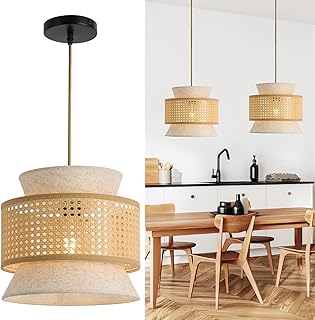 Pendant Light Rattan+Fabric, Vintage Pendant Light, Boho Rattan Ceiling Light Ø29 cm, Hanging Lamp E27 max.60W for Dining Room Living Room Bedroom Hallway Kitchen Island - Brown/White