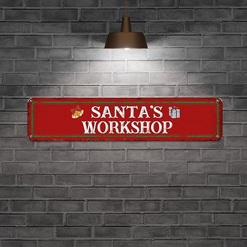 Vista 82 de Santa's Workshop North Pole Street Letreros personalizados de metal para exteriores, letrero de metal de bienvenida para Navidad, decoración