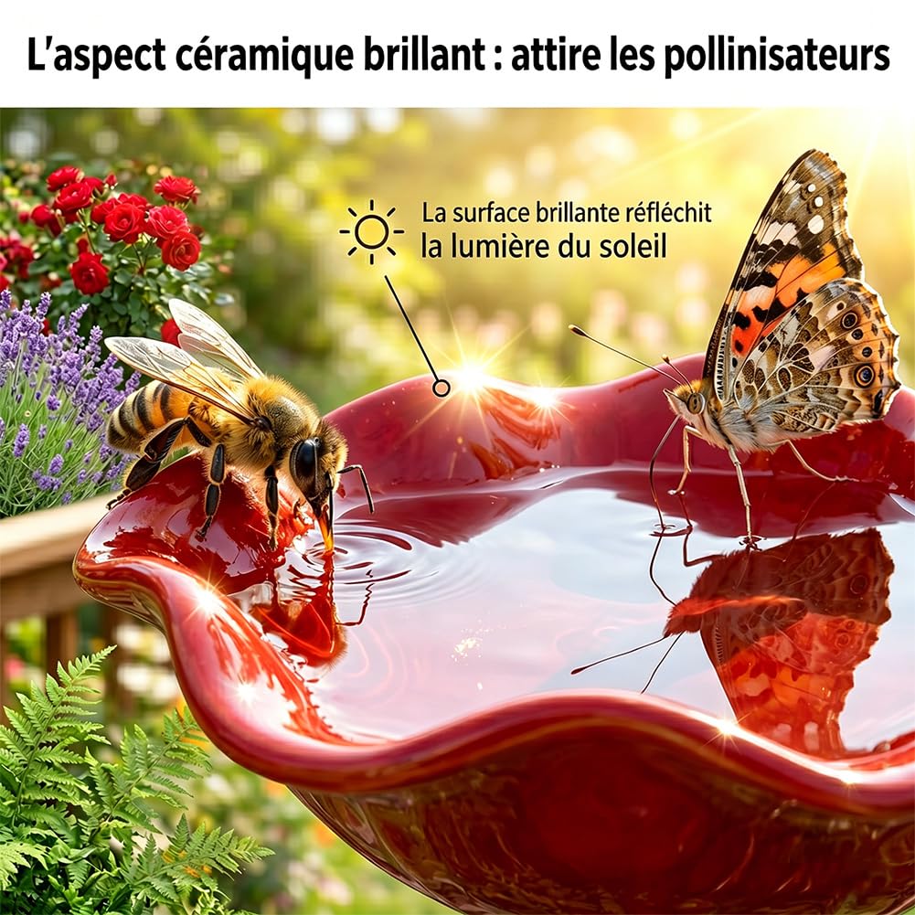 Bain d'Oiseaux Exterieur sur Pied Artisanal Fleur Ceramique 2 en 1 Abreuvoir Abeilles Mangeoire Oiseaux Jardin Rose