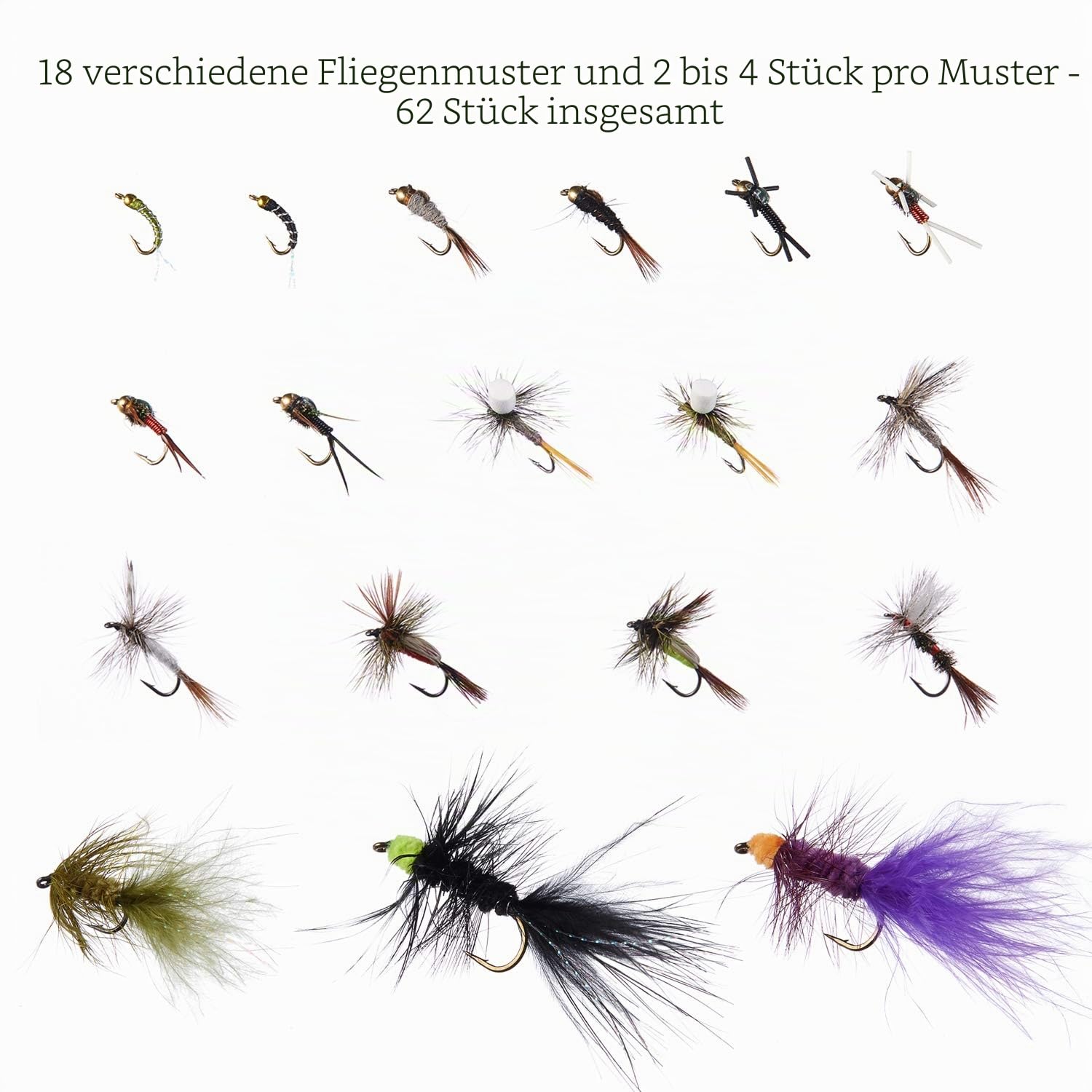 Bassdash Fliegenfischen Fliegen Set Forellenbarschangeln mit Fliegenbox, 36/64/72/76/80 / 96Stk. Mit Trockenfliegen/Nassfliegen, Nymphen, Streamers, Popper