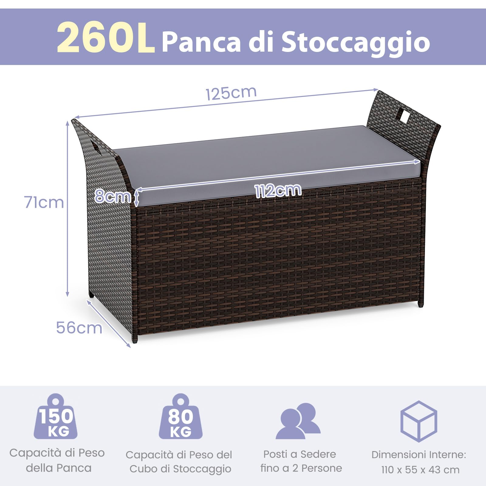 COSTWAY Baule da Giardino 260 L in Rattan PE, Cassapanca Contenitore da Esterno con Cuscino e Maniglie Laterali, per Interni e Esterni, 125 x 56 x 71 cm (Modello 10)