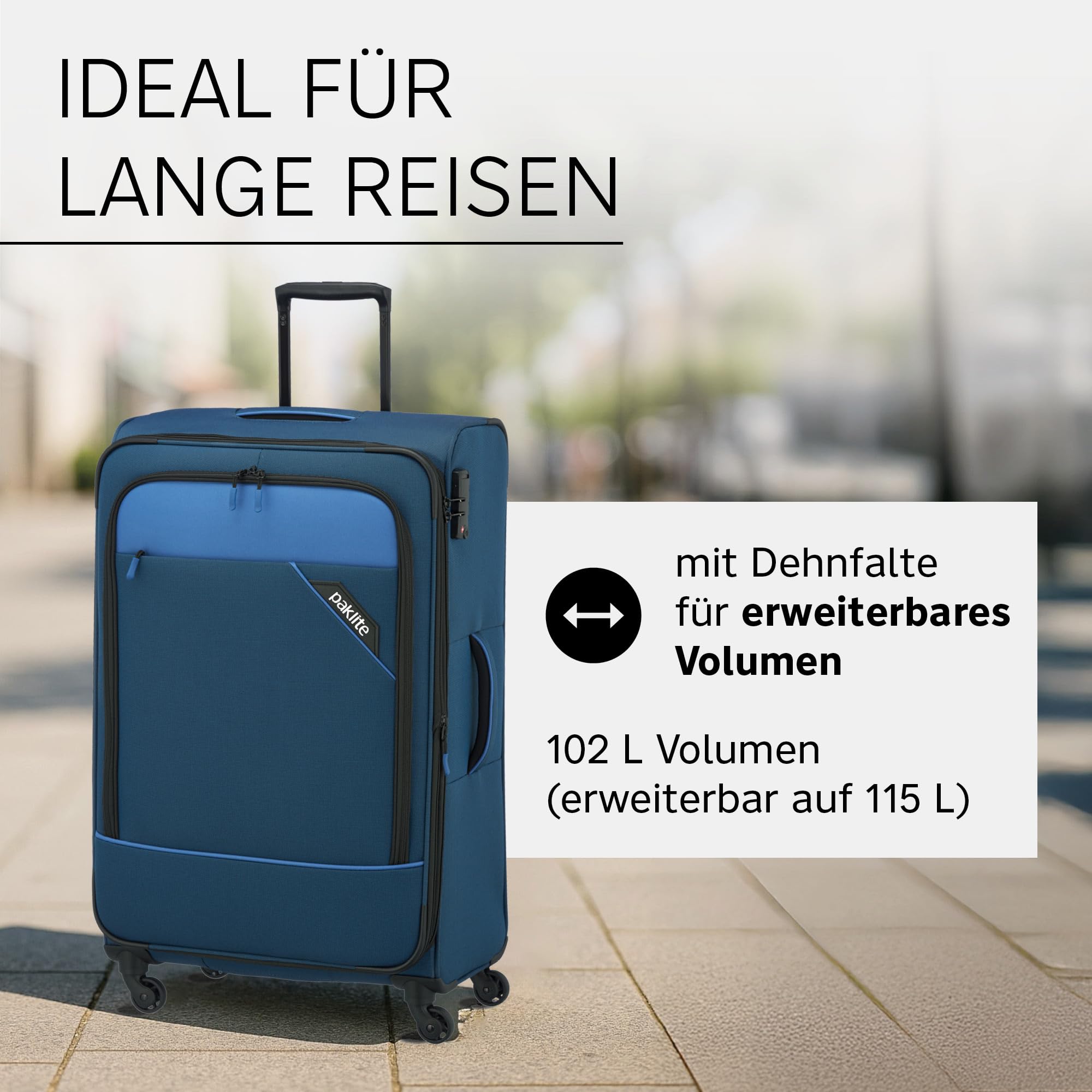 paklite Reisekoffer 4 Rollen, Weichschalen Rollkoffer groß, erweiterbar, Derby, Stilvoller Trolley mit Dehnfalte, TSA Schloss, 77 cm, 102-115 Liter