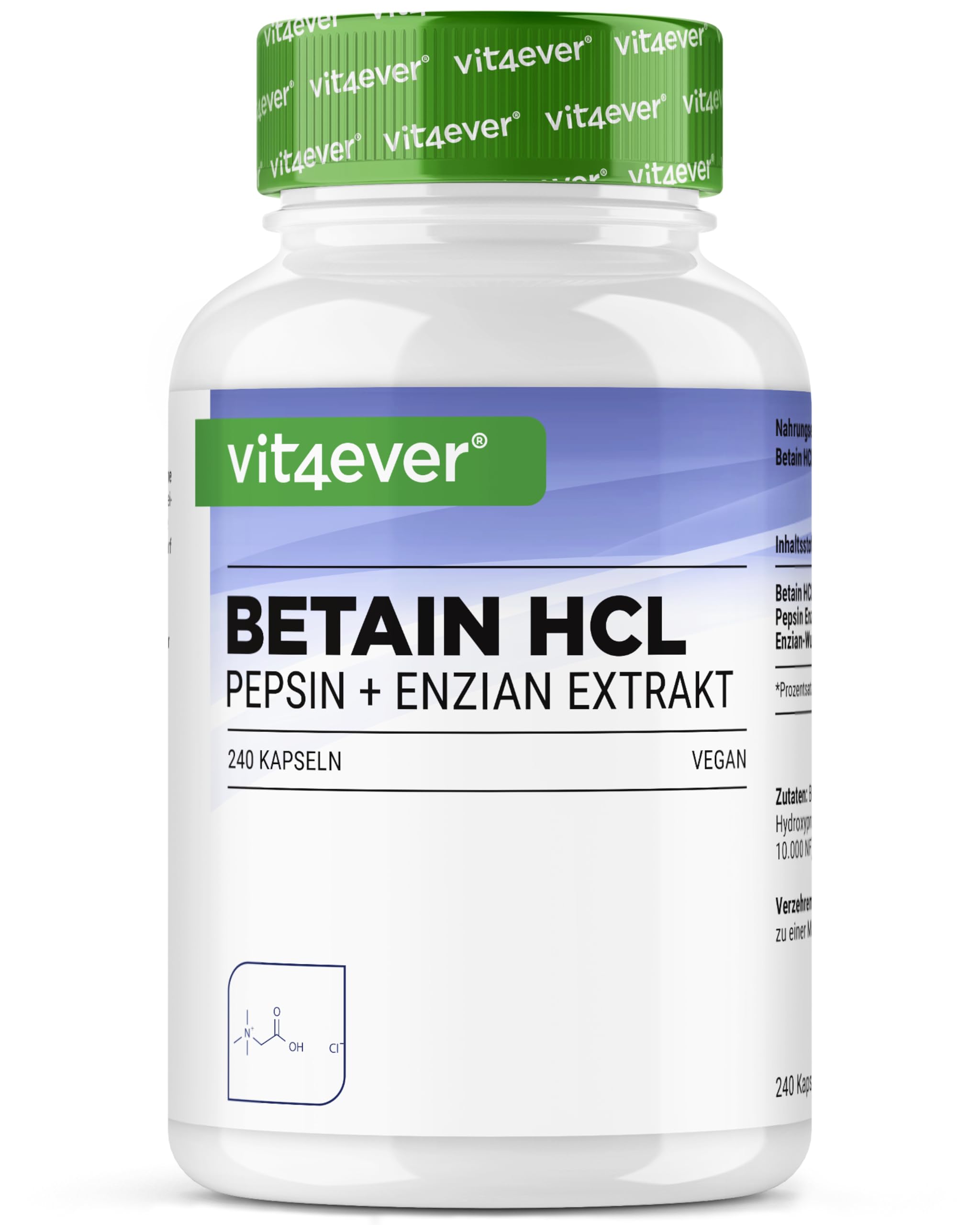 Betaine HCL - 240 Gélules avec 650 mg Bétaïne HCL - Avec Pepsine & Gentiane Amère - Enzymes Digestives à Spectre Complet - Forte Dose - Végan