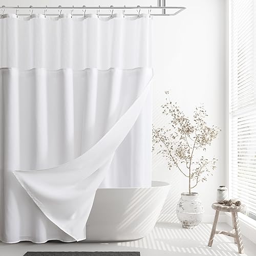 Naturoom Juego de cortina de ducha y forro de lino blanco con ganchos, cortinas de ducha bohemias para baño, tela de arpillera texturizada