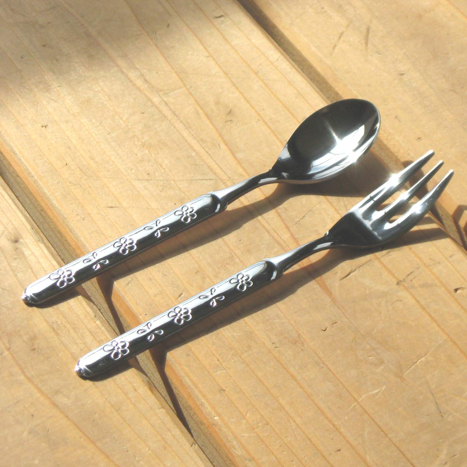 Nagao Gourmet Land Dessert Spoon & Fork Set - 6.9 Inches, Stainless Steel With Beech Handle, Made In Japan