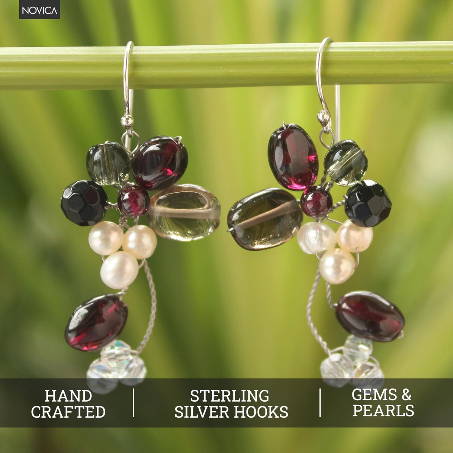 NOVICA Handcrafted Cultured Freshwater Earrings | Pearl Garnet Cluster | Smoky Quartz Dangle | .925 Sterling Silver | Long French Wire | Multicolor Birthstone | Thailand 'Radiant 1.8" L x 0.8" W