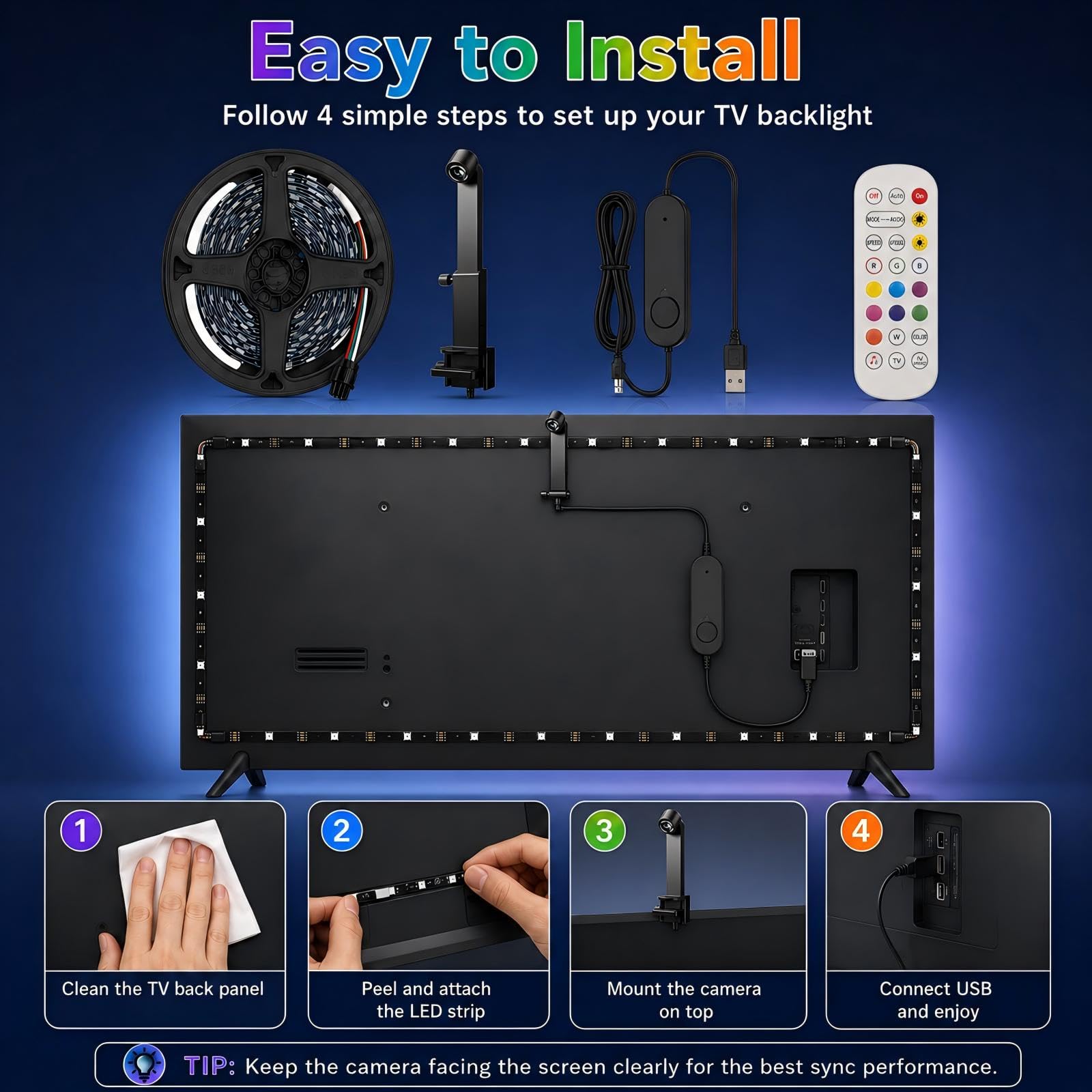 Ruban LED TV RGBIC 5 m, caméra de synchronisation, 70 à 85 pouces