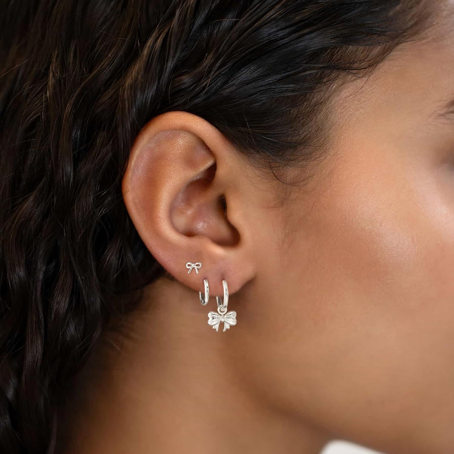 3 Pairs Small Hoop Earring Stacks, 14K Gold/Silver/Black/Rose Gold Plated Pearl Heart Butterfly Bow Star Moon Leaf Diamond Hoop Charm Drop Huggie Earrings Trendy Jewelry Gift for Women - Image 4