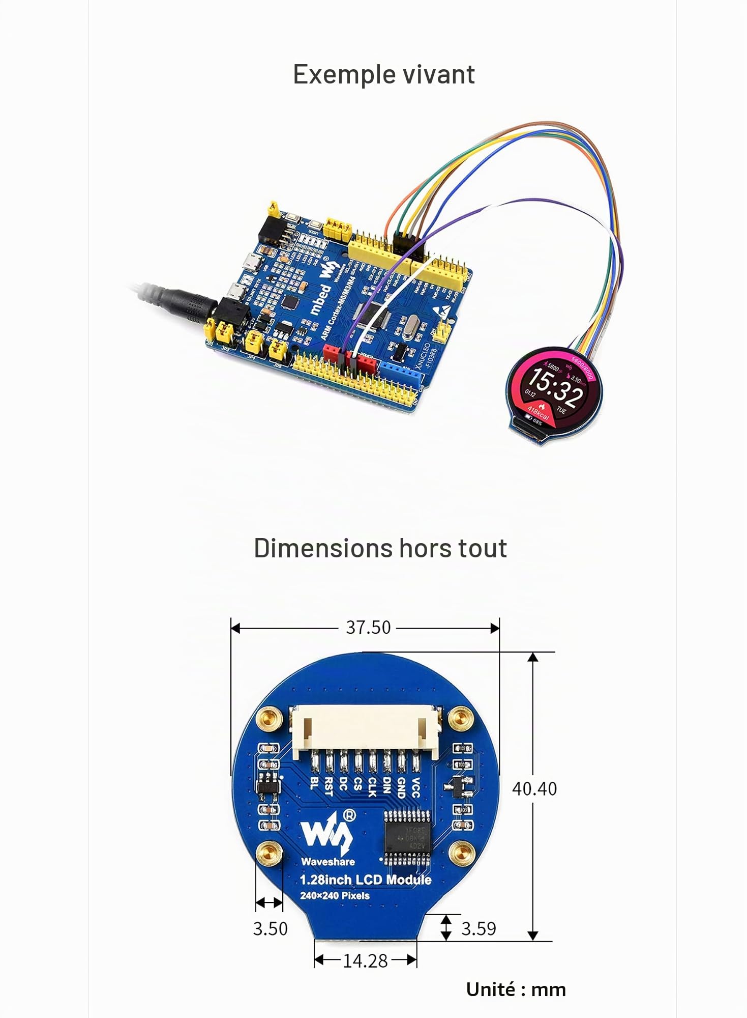 Waveshare Écran 1.28 Pouces Rond LCD pour Arduino/Jetson Nano/Raspberry Pi, 240×240 Écran IPS 65K Couleurs Moniteur, Utilisant Bus SPI, Pilote GC9A01 Intégré