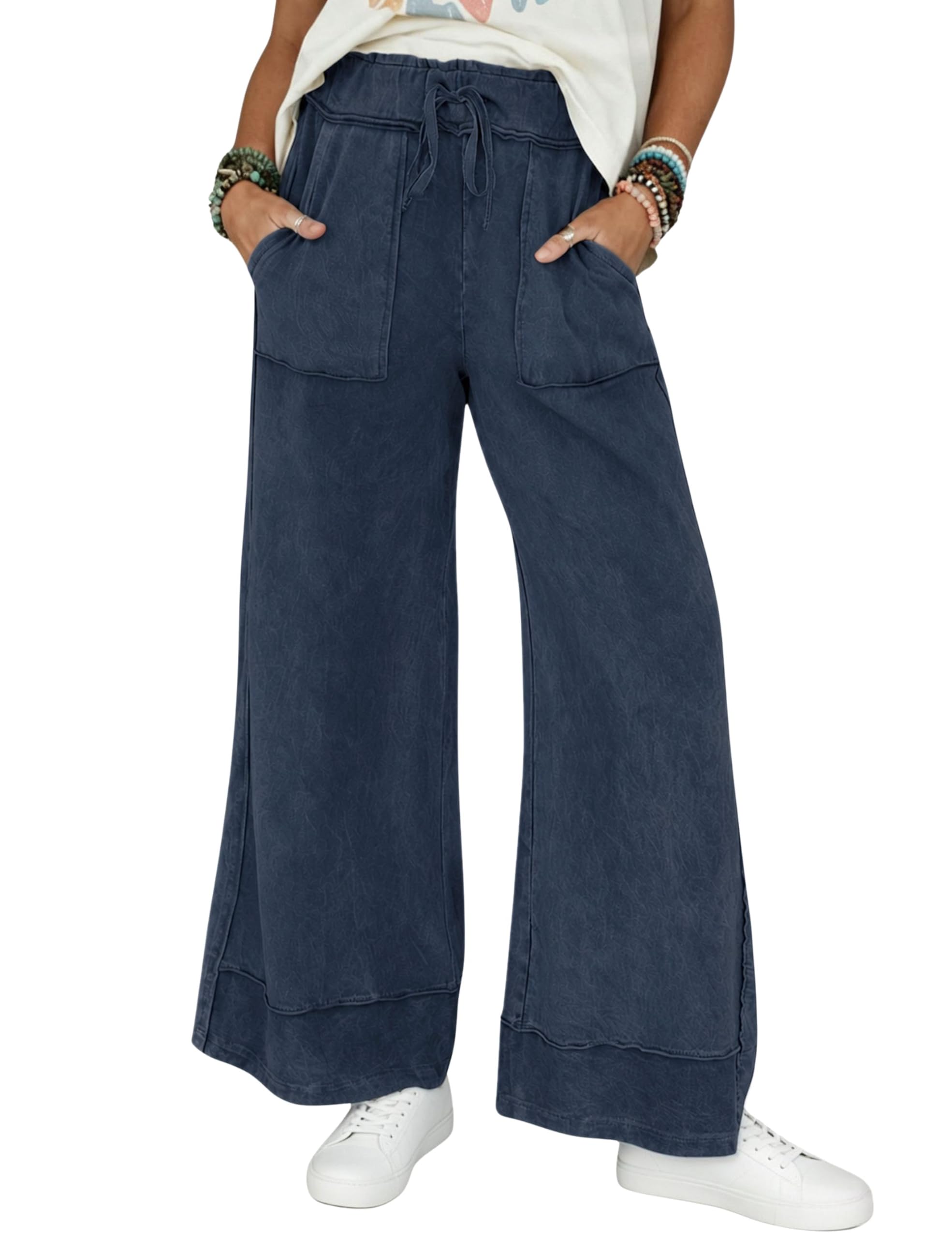 Athlisan Womens Casual Wide Leg Sweatpants Acid Wash Elastic Waisted Palazzo Pants Trousers with Pockets