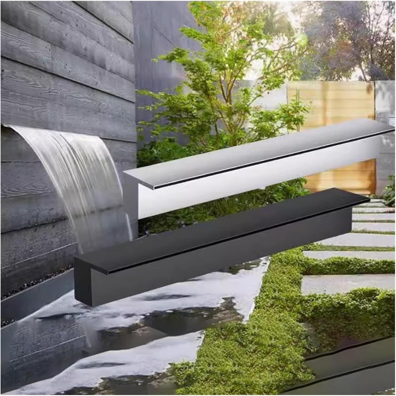 Stainless Steel Waterfall Spillway Kit for Outdoor Ponds, Flush Mount DIY Fountain with Fittings – Perfect for Garden, Patio, Backyard, Koi Pond Decor (Black, 14in/36cm Wide Outlet)