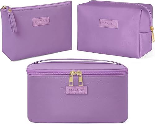 MAANGE Bolsa de maquillaje  Bolsa de cosméticos grande con 2 bolsas de maquillaje pequeñas, bolsa de maquillaje portátil de cuero de viaje, bolsa de