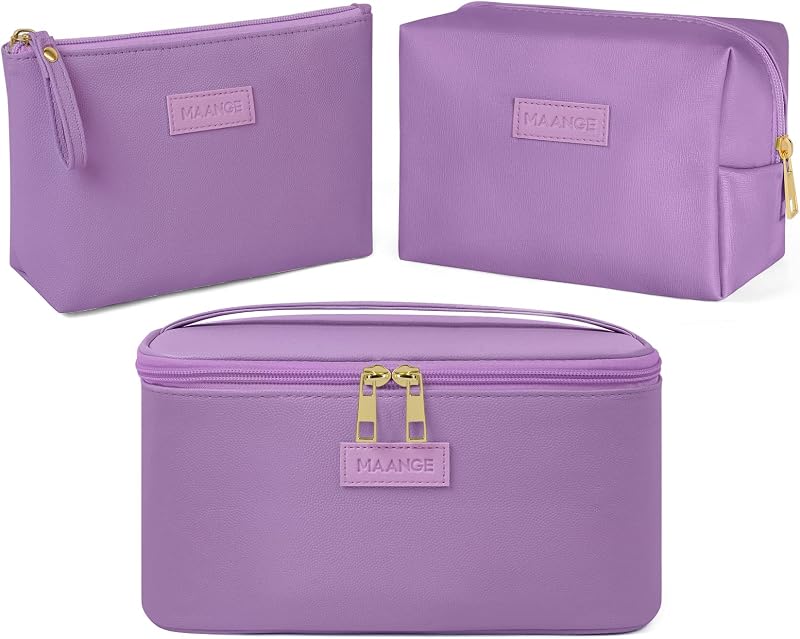 Travel Makeup Bag - Large Makeup Bag with 2pcs Small Makeup Bag Portable Leather Cosmetic Bag Toiletry Bag Make Up Bags for Women and Girls (Purple)