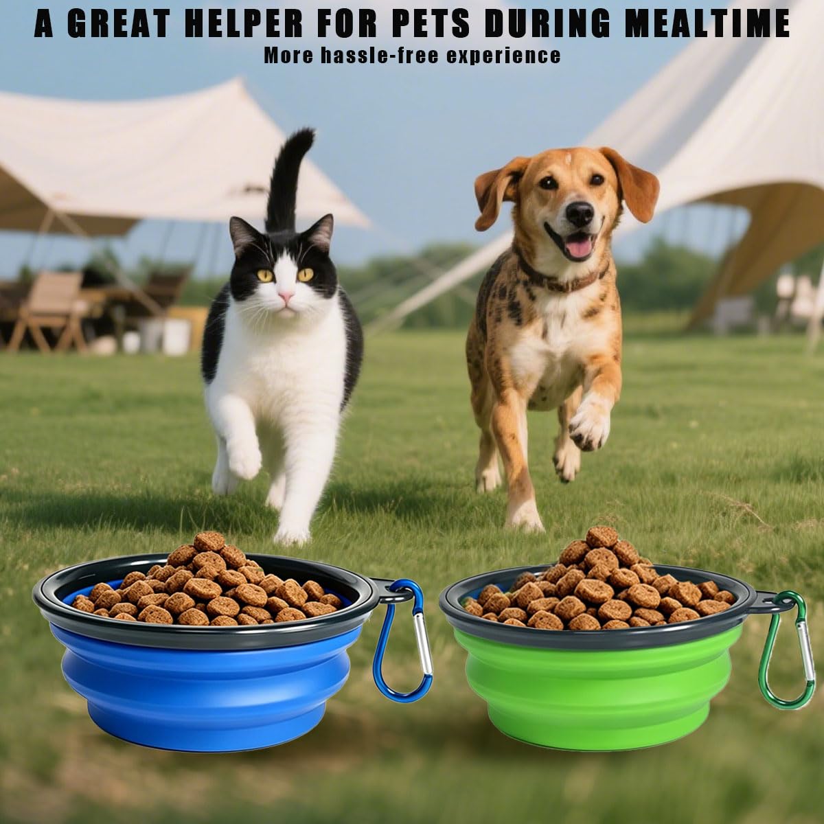 Ciotole pieghevoli per cani, 4 pezzi, 350 ml, in silicone espandibile, diametro 14,5 cm, ciotola portatile da viaggio con moschettone, per cuccioli, gatti, escursioni, campeggio
