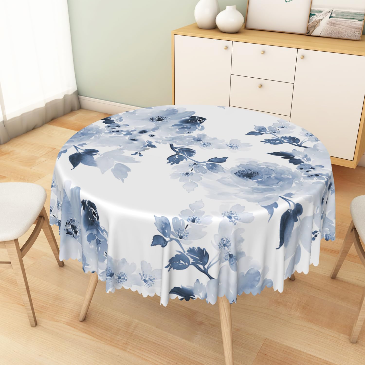 Mantel redondo floral azul acuarela de 60 pulgadas, estampado de flores azul marino y blanco, mantel circular de arte moderno, mantel de tela impermeable para el hogar, cocina, comedor, patio,