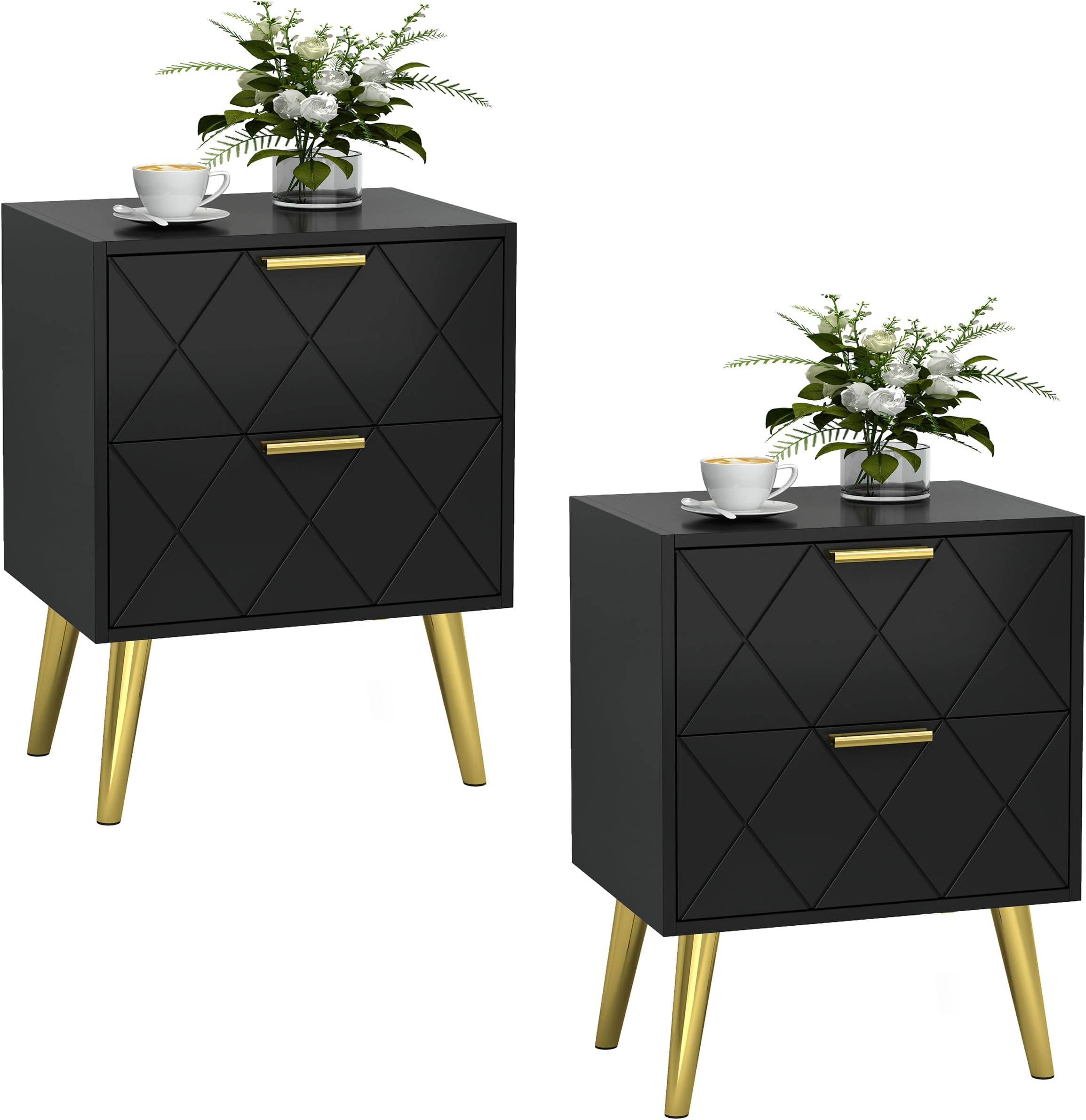Nightstand with 2 Drawers, Black Bedside Table Set of 2, Side Table with Gold Legs, Modern Style Night Stand End Table Drawer Dresser for Living Room Bedroom MLBZ09BU-2