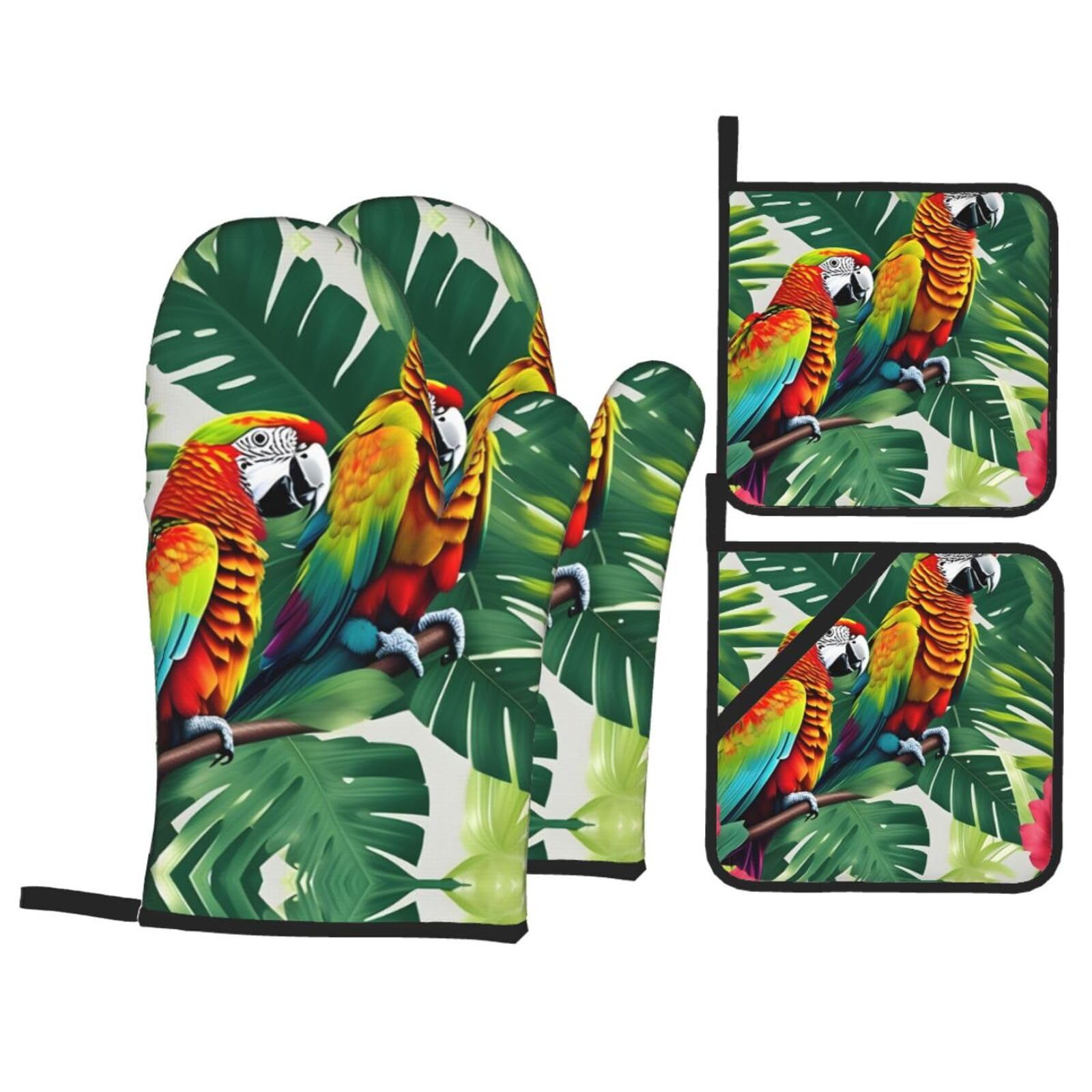 Tropical Flower Leaf Parrot Print Oven Mitts,Pot Holders, Heat Resistant Oven Mitts Gloves,Hot Pads for Kitchen Cooking Grill